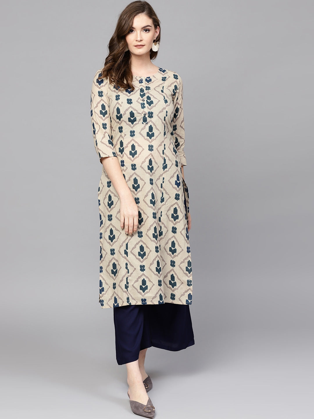 Beige & Blue Printed Kurta Set
