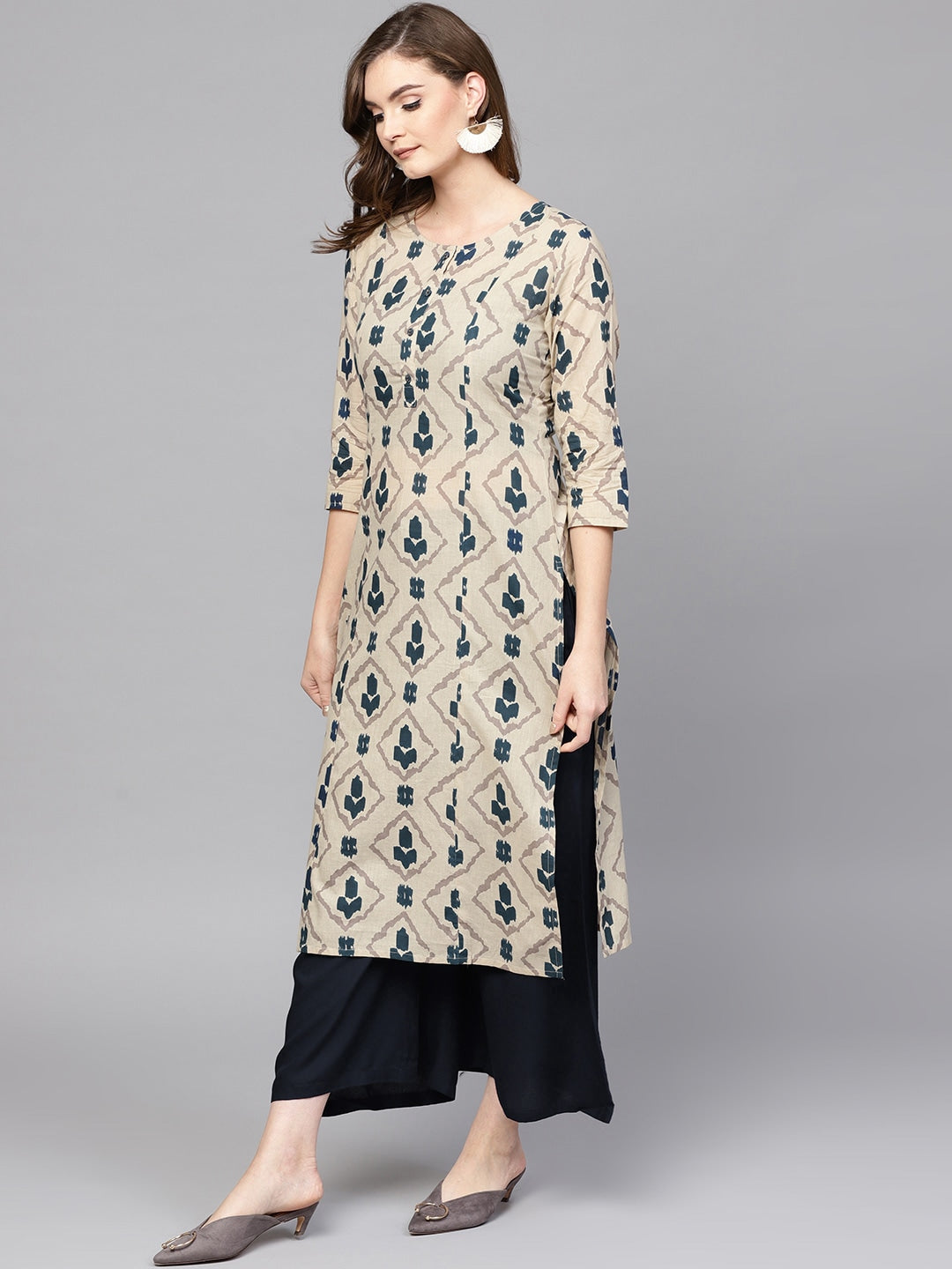 Beige & Blue Printed Kurta Set