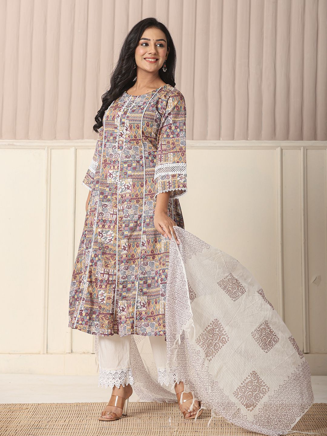 Beige Cotton Geometric Print Anarkali Kurta Pant Dupatta Set