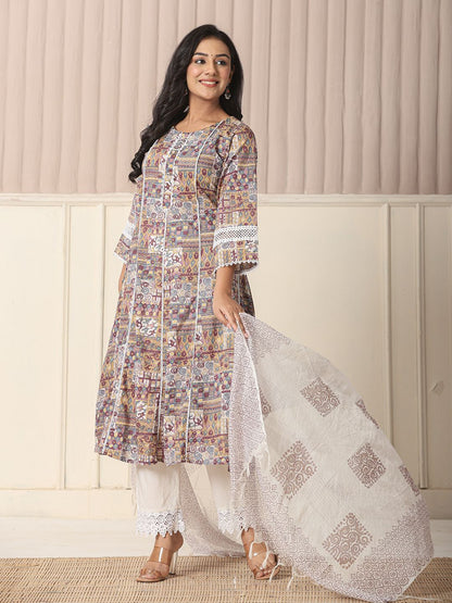 Beige Cotton Geometric Print Anarkali Kurta Pant Dupatta Set