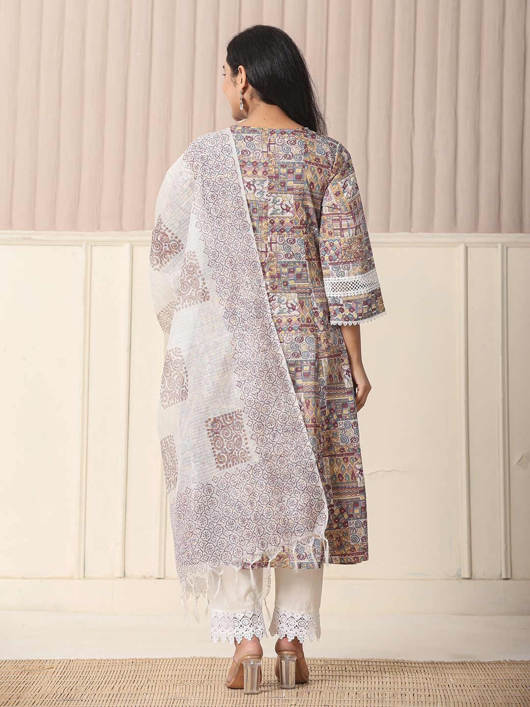 Beige Cotton Geometric Print Anarkali Kurta Pant Dupatta Set
