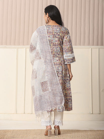 Beige Cotton Geometric Print Anarkali Kurta Pant Dupatta Set