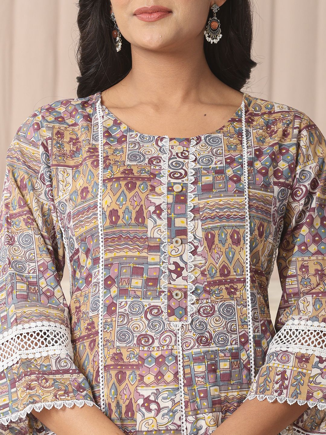 Beige Cotton Geometric Print Anarkali Kurta Pant Dupatta Set