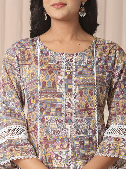 Beige Cotton Geometric Print Anarkali Kurta Pant Dupatta Set