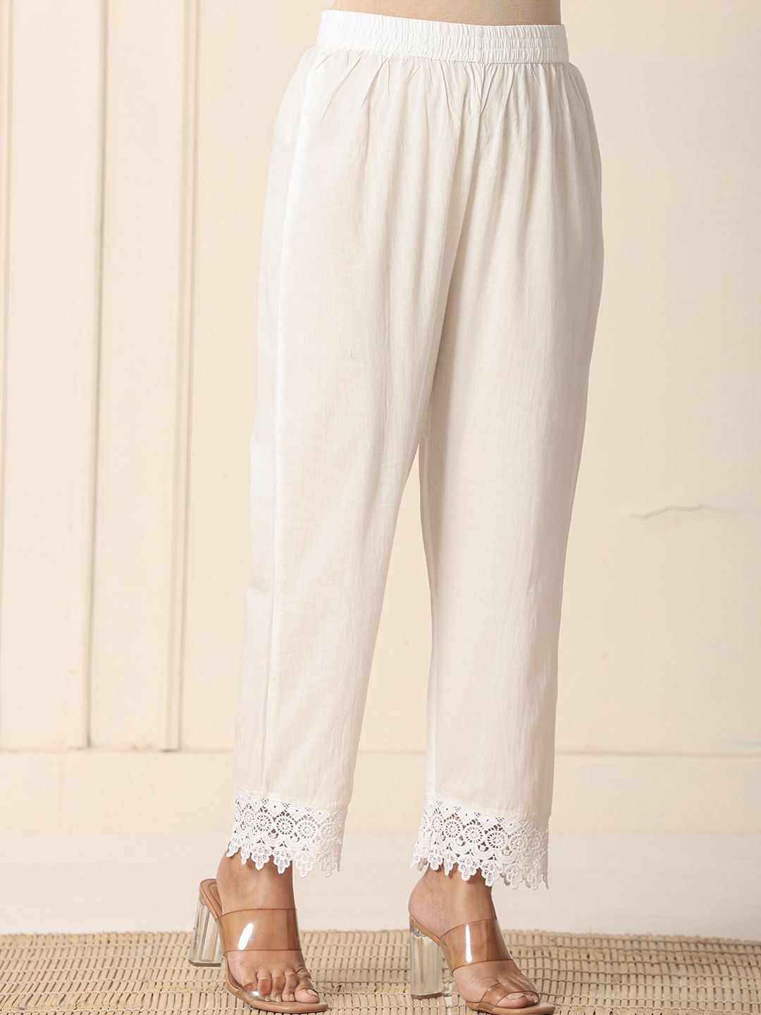 Beige Cotton Geometric Print Anarkali Kurta Pant Dupatta Set