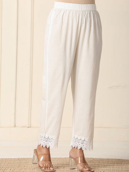 Beige Cotton Geometric Print Anarkali Kurta Pant Dupatta Set