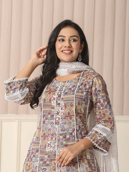 Beige Cotton Geometric Print Anarkali Kurta Pant Dupatta Set