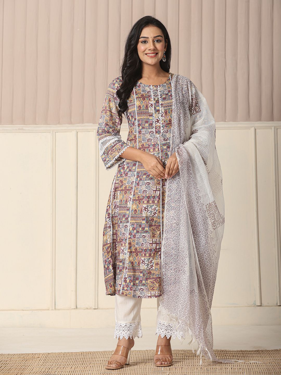 Women's Beige Cotton Beige Cotton Geometric Print Anarkali Kurta Pant Dupatta Set by Yufta, suitable for wholesale buyers, boutiques, retailers, resellers and bulk fashion orders from Trendphoria