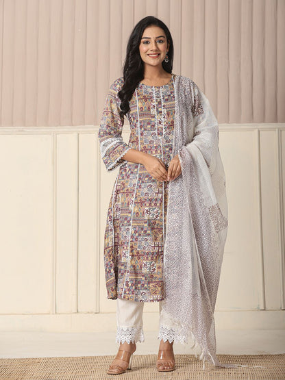 Women's Beige Cotton Beige Cotton Geometric Print Anarkali Kurta Pant Dupatta Set by Yufta, suitable for wholesale buyers, boutiques, retailers, resellers and bulk fashion orders from Trendphoria
