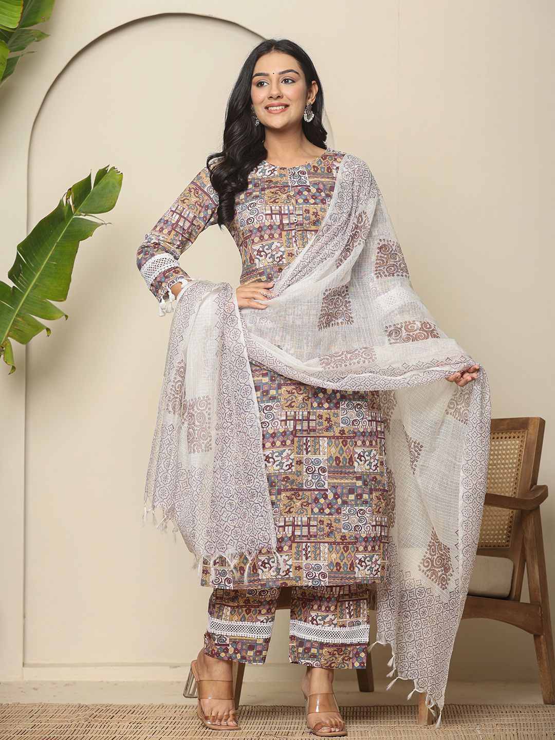 Beige Cotton Geometric Print Straight Kurta Pant Dupatta Set