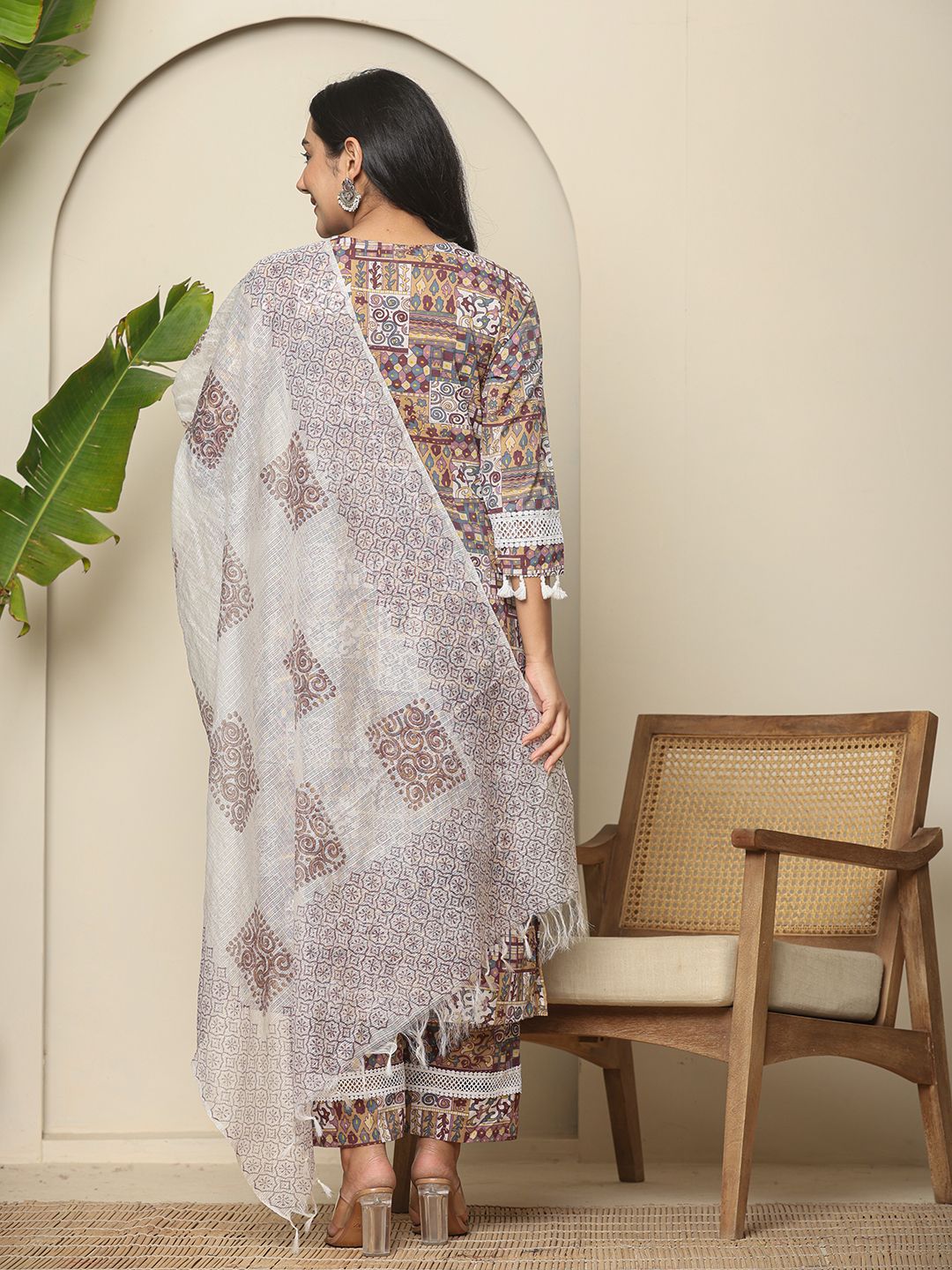 Beige Cotton Geometric Print Straight Kurta Pant Dupatta Set