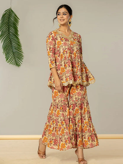 Beige Cotton Peplum Sharara Co Ord Set