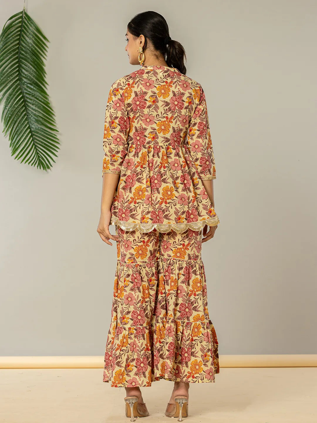 Beige Cotton Peplum Sharara Co Ord Set