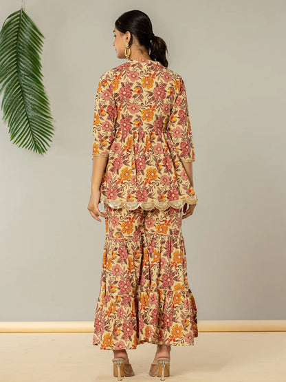 Beige Cotton Peplum Sharara Co Ord Set