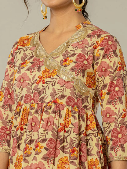 Beige Cotton Peplum Sharara Co Ord Set