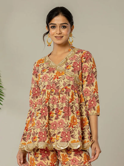 Beige Cotton Peplum Sharara Co Ord Set