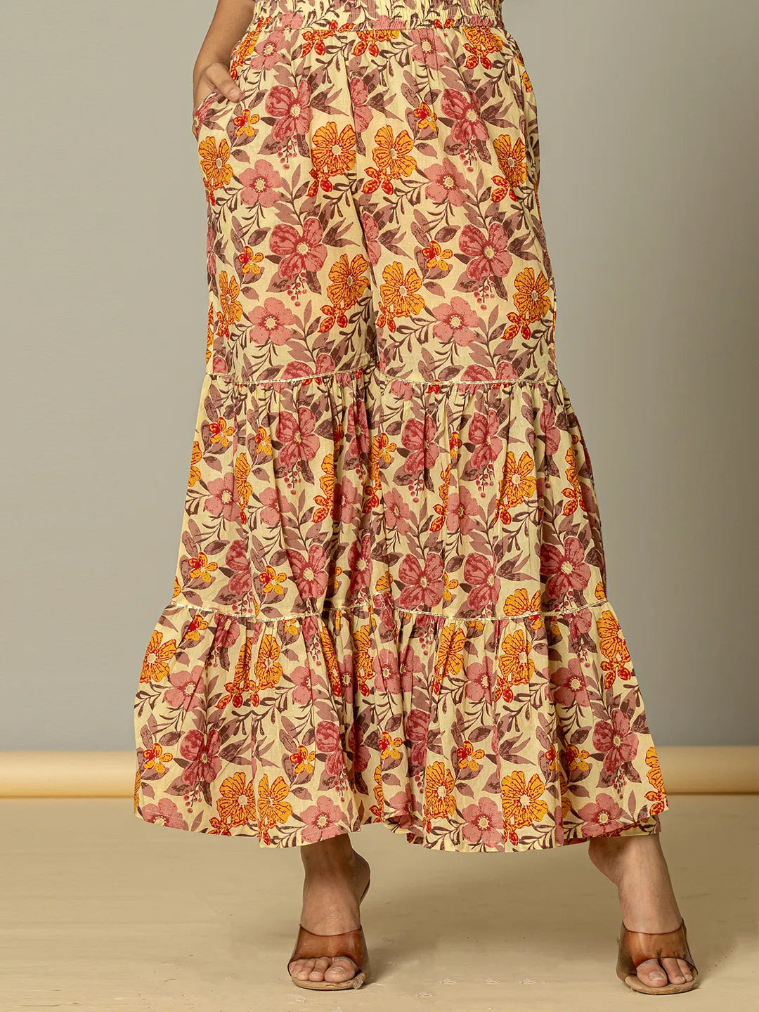 Beige Cotton Peplum Sharara Co Ord Set