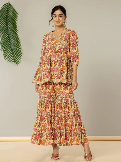 Beige Cotton Peplum Sharara Co Ord Set