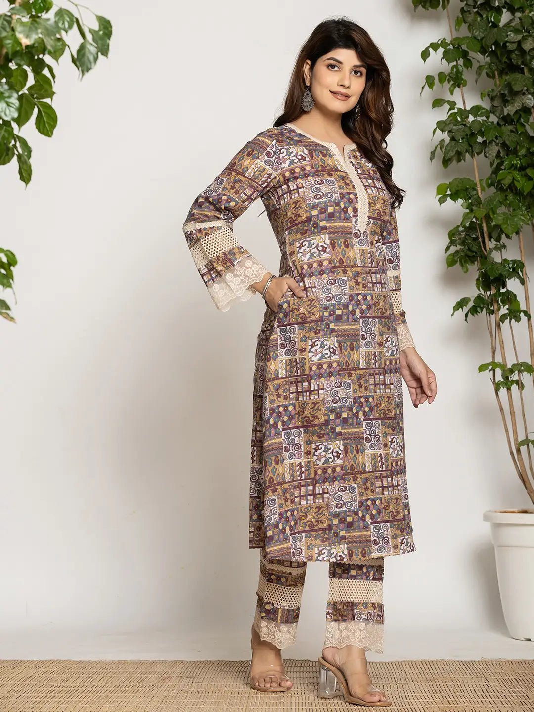 Beige Ethnic Motifs A Line Kurta Pant Set