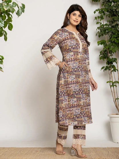 Beige Ethnic Motifs A Line Kurta Pant Set