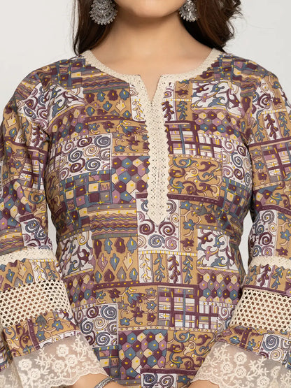 Beige Ethnic Motifs A Line Kurta Pant Set