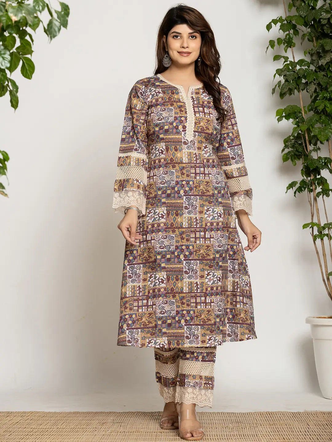 Beige Ethnic Motifs A Line Kurta Pant Set
