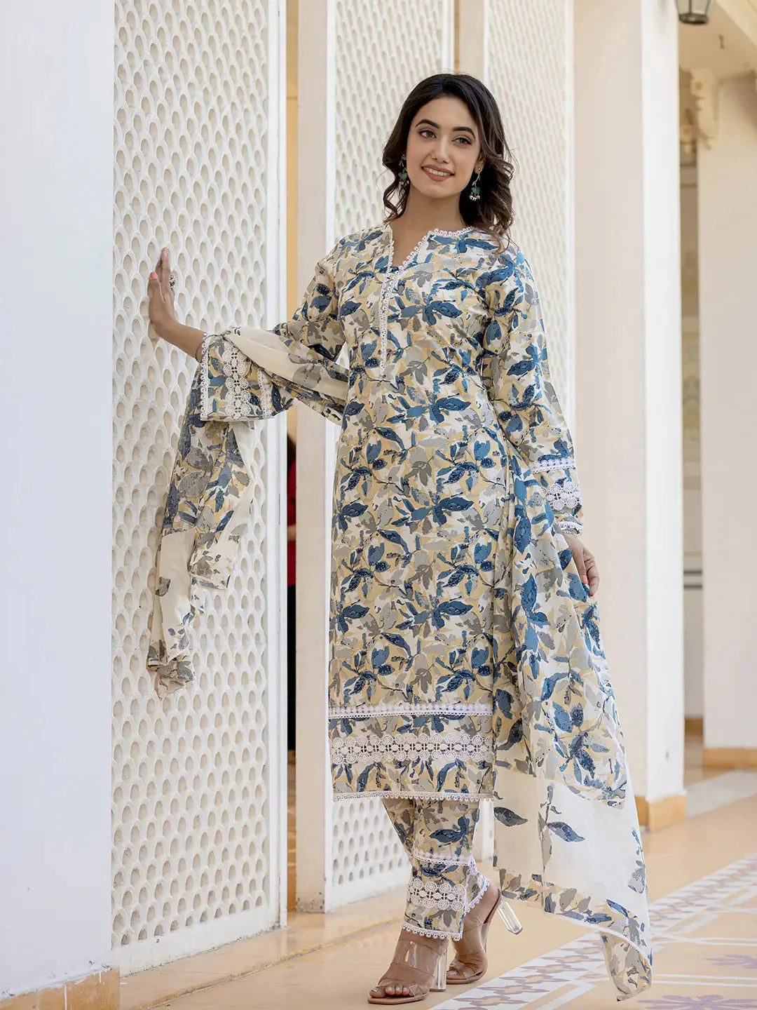 Beige Leaf Print Straight Pakistani Style Kurta Trouser And Dupatta Set