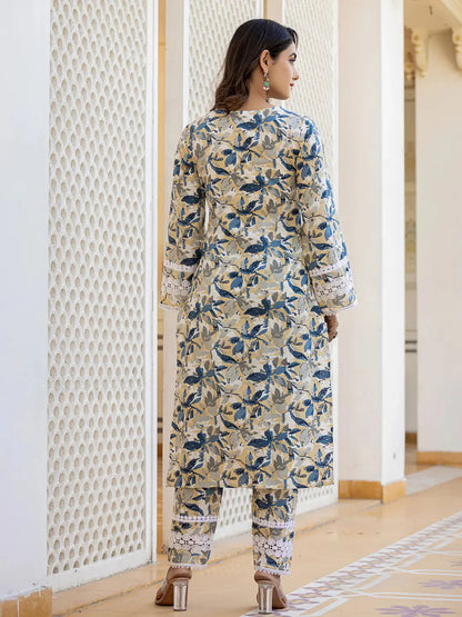 Beige Leaf Print Straight Pakistani Style Kurta Trouser And Dupatta Set