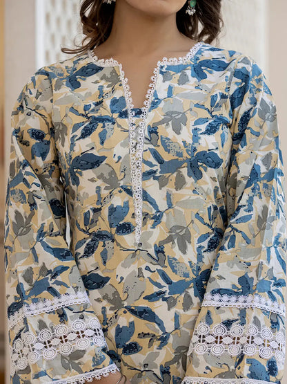 Beige Leaf Print Straight Pakistani Style Kurta Trouser And Dupatta Set