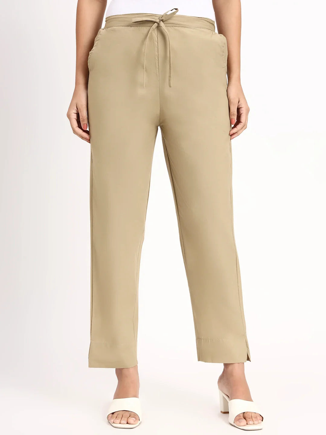 Mid-Rise Ankle-Length Regular Fit Poplin Pants