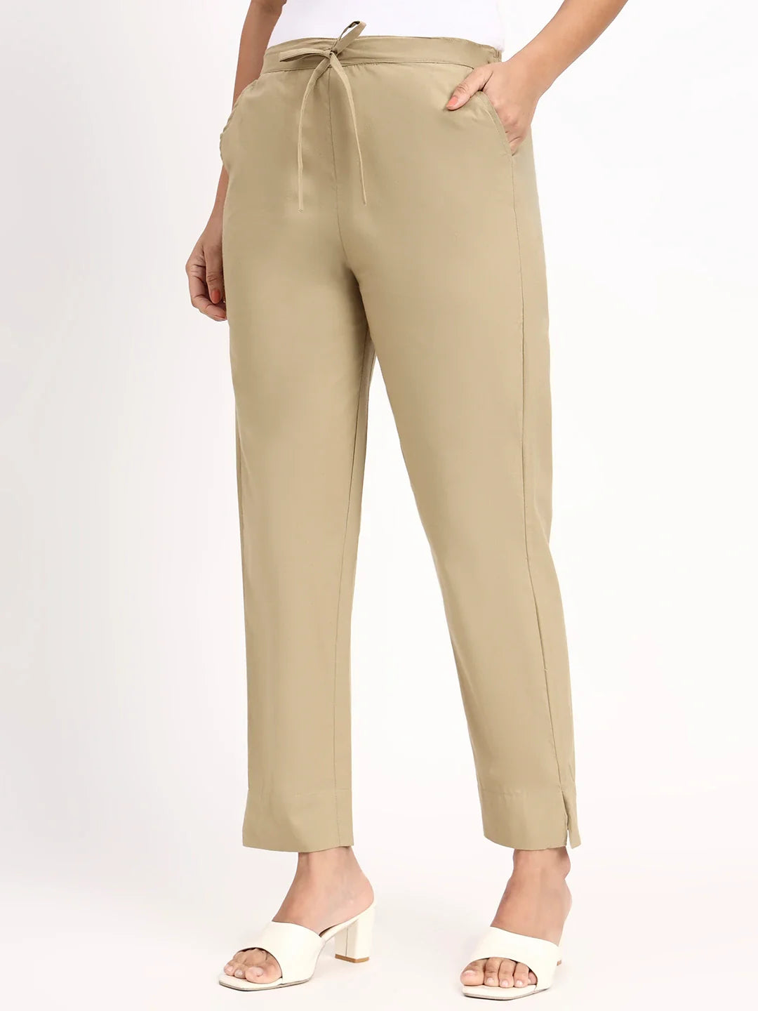 Mid-Rise Ankle-Length Regular Fit Poplin Pants