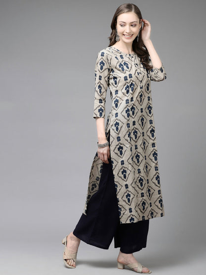 Beige & Navy Blue Printed Pure Cotton Kurta With Palazzos & Dupatta