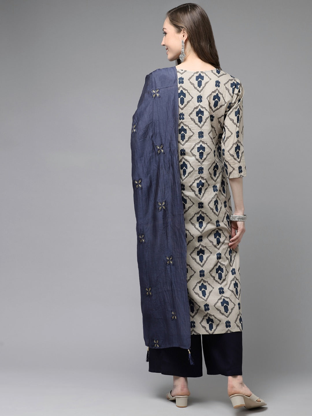 Beige & Navy Blue Printed Pure Cotton Kurta With Palazzos & Dupatta