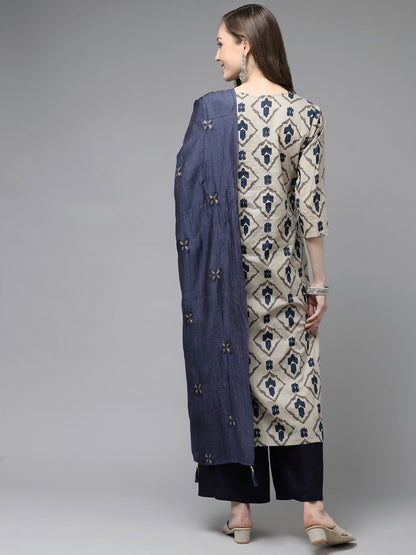 Beige & Navy Blue Printed Pure Cotton Kurta With Palazzos & Dupatta