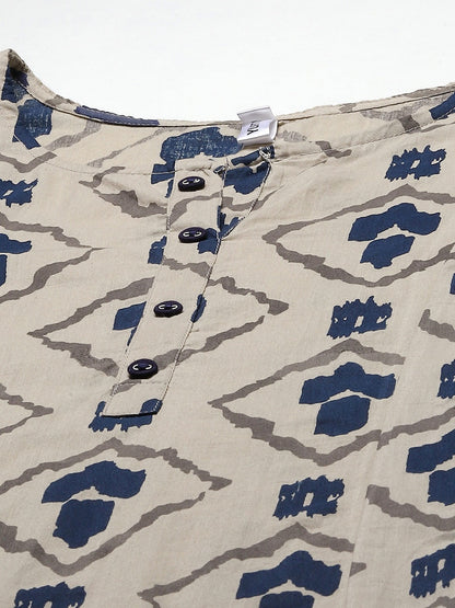 Beige & Navy Blue Printed Pure Cotton Kurta With Palazzos & Dupatta