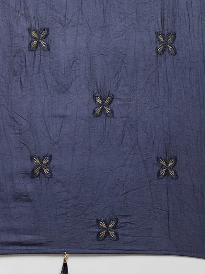 Beige & Navy Blue Printed Pure Cotton Kurta With Palazzos & Dupatta