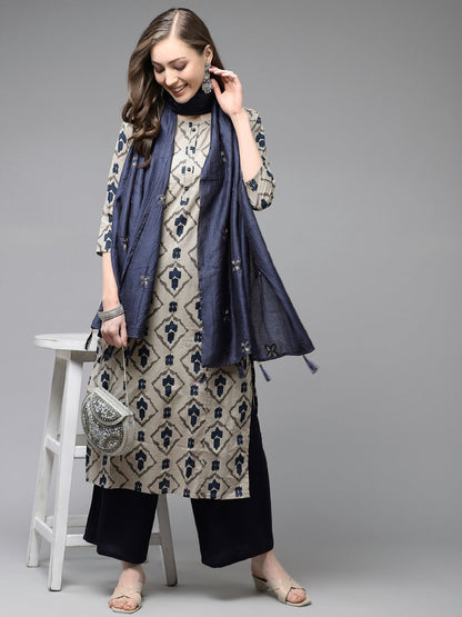 Beige & Navy Blue Printed Pure Cotton Kurta With Palazzos & Dupatta