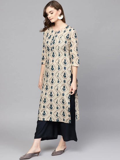 Beige & Navy Blue Printed Pure Cotton Kurta