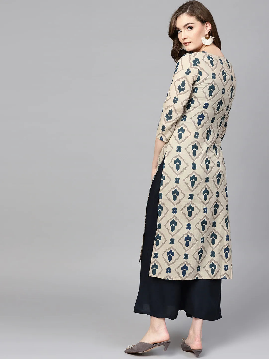 Beige & Navy Blue Printed Pure Cotton Kurta