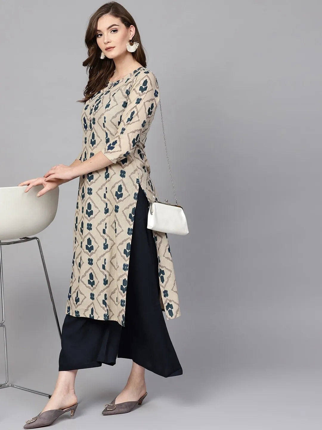 Beige & Navy Blue Printed Pure Cotton Kurta