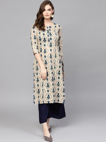 Beige & Navy Blue Printed Pure Cotton Kurta