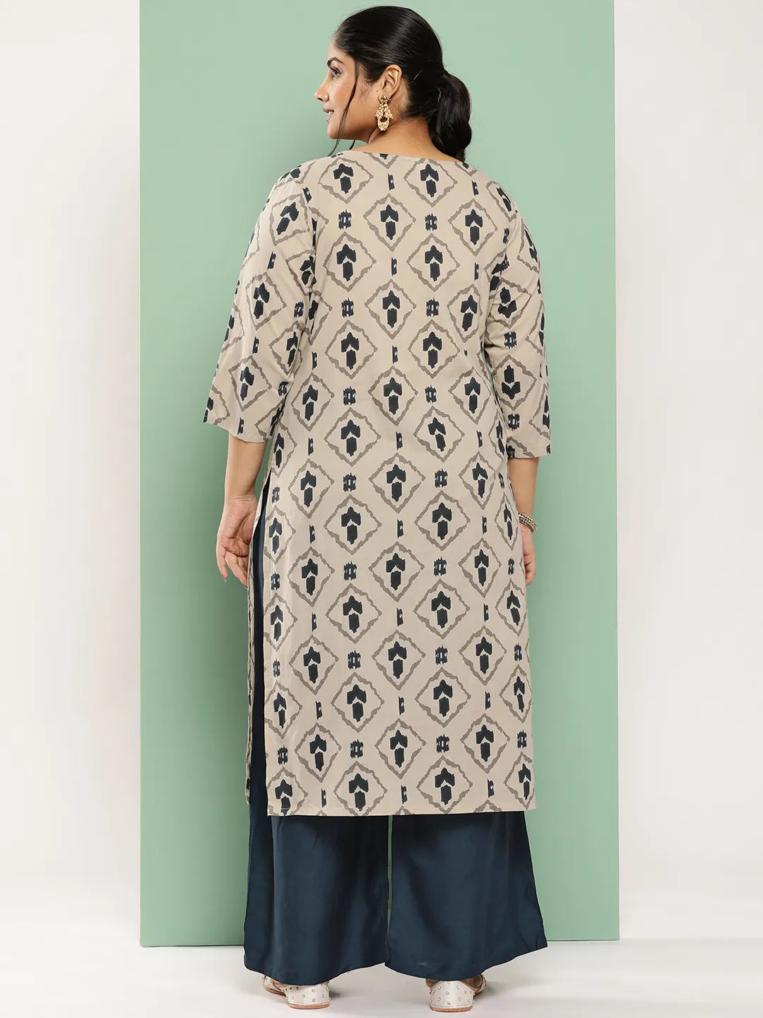 Beige & Navy Blue Printed Pure Cotton Plus Size Kurta