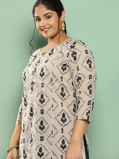 Beige & Navy Blue Printed Pure Cotton Plus Size Kurta
