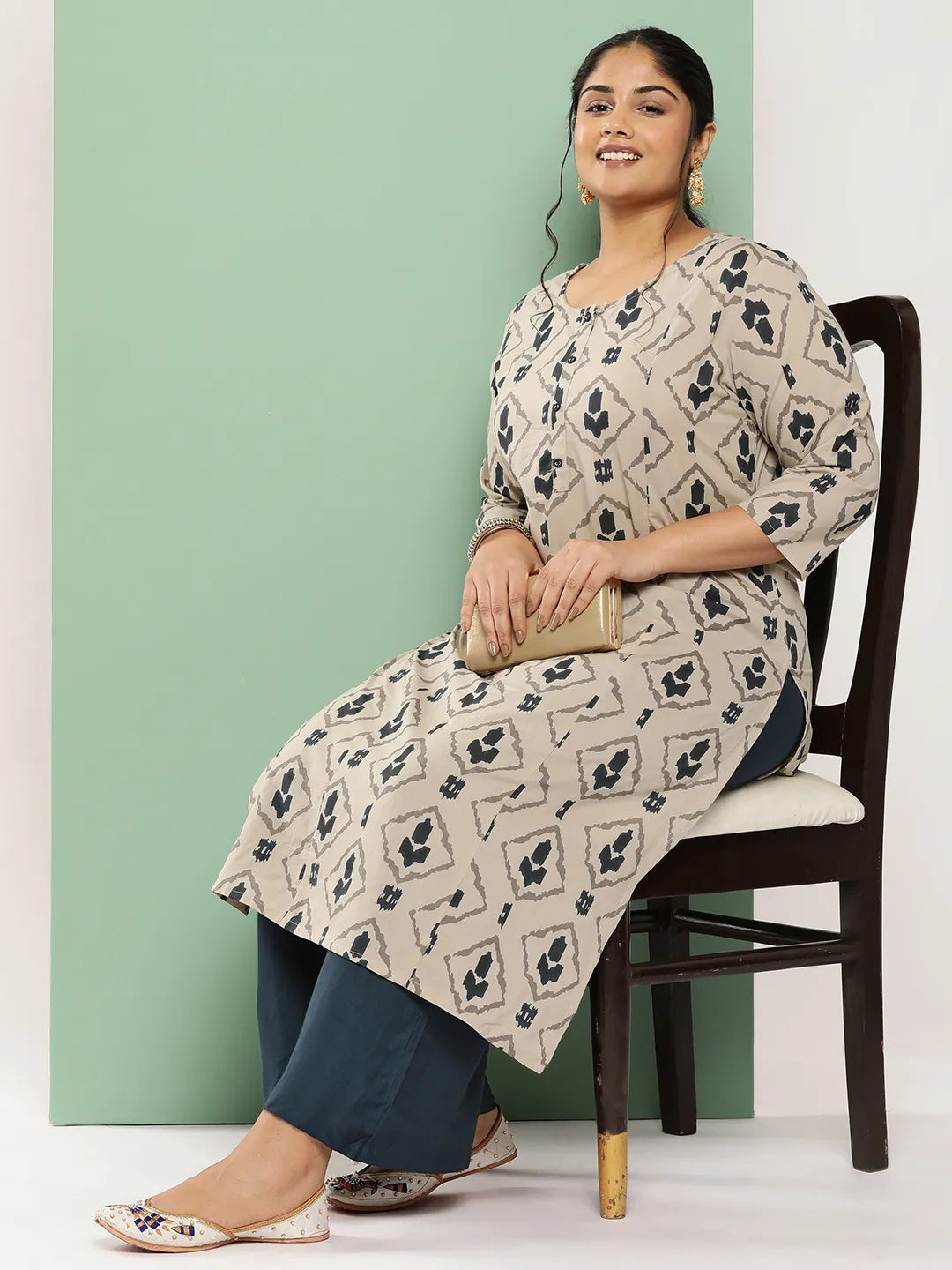 Beige & Navy Blue Printed Pure Cotton Plus Size Kurta