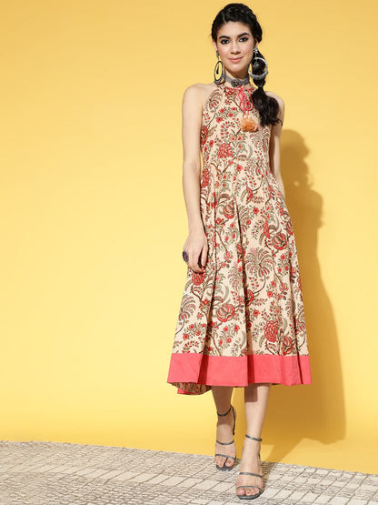 Beige & Pink Mugal Jaal Dress