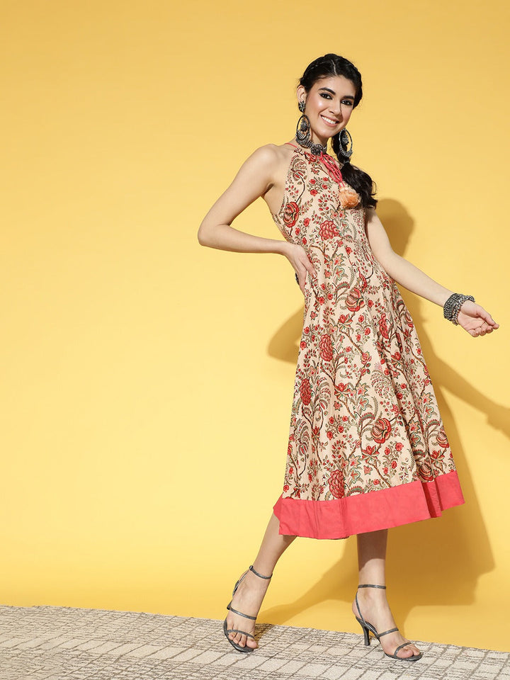 Beige &amp; Pink Mugal Jaal Dress