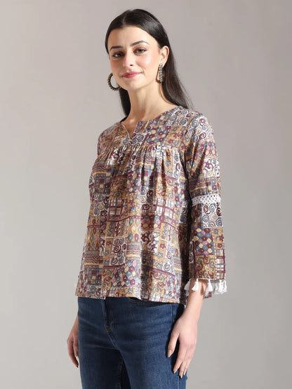 Beige Pure Cotton Geometric Gathered Or Pleated Top