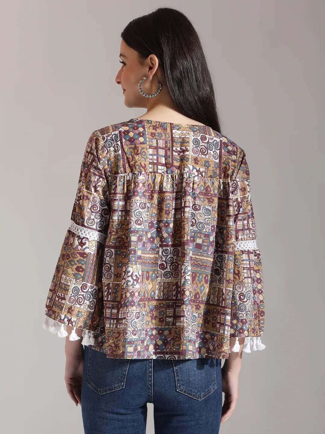 Beige Pure Cotton Geometric Gathered Or Pleated Top