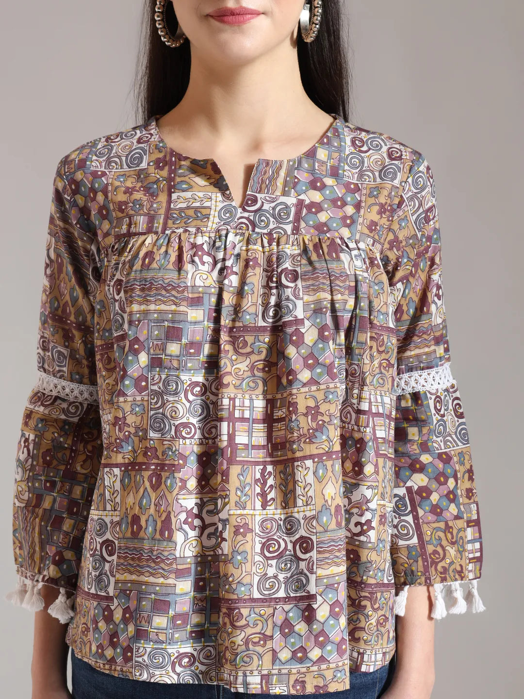 Beige Pure Cotton Geometric Gathered Or Pleated Top