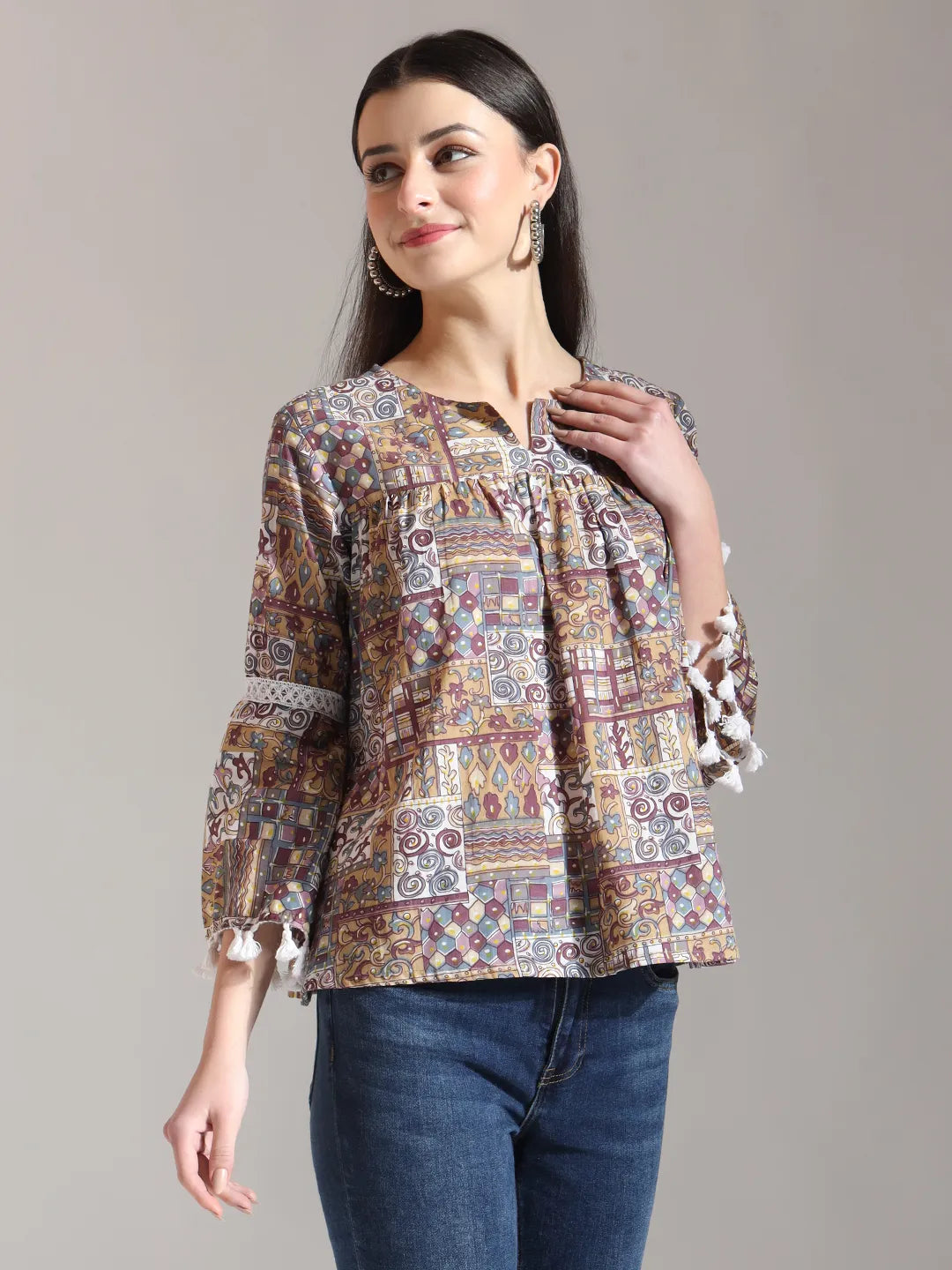 Beige Pure Cotton Geometric Gathered Or Pleated Top